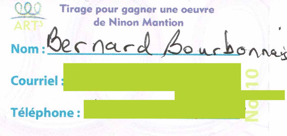 Art3 - Résultat du tirage de l'oeuvre de Ninon Mantion - Tirage effectué par M. Michel Lapointe, directeur général du CSSS de Vaudreuil-Dorion - 22 décembre 2014